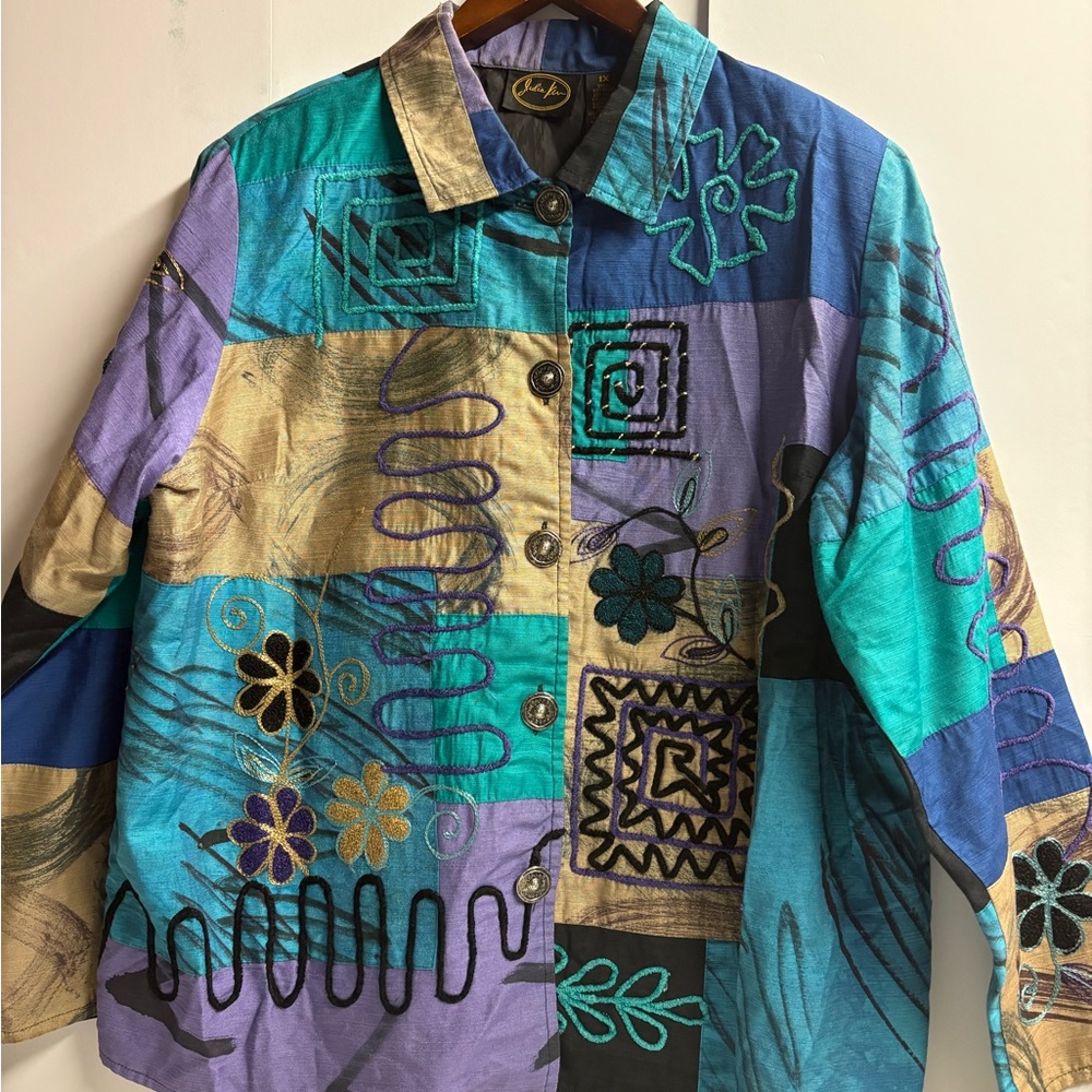 Vintage Julia Kim Embroidered Jacket 1X Abstract Boho Art to Wear Blues/ Purple